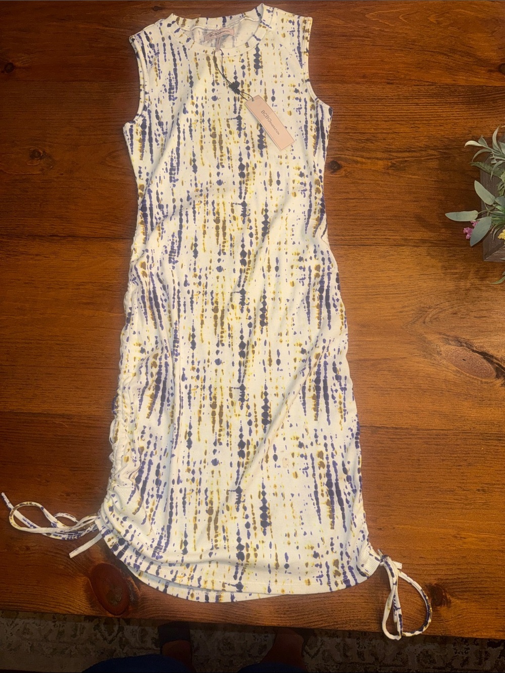 BCBGeneration Sleeveless Midi Dress in White, Blue & Gold Print